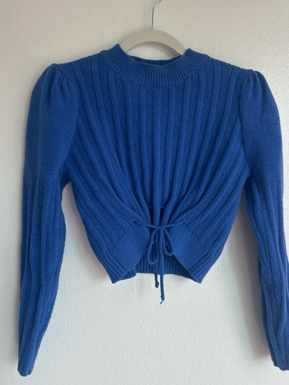 Blue Ribbed Drawstring Pullover Sweater - Women